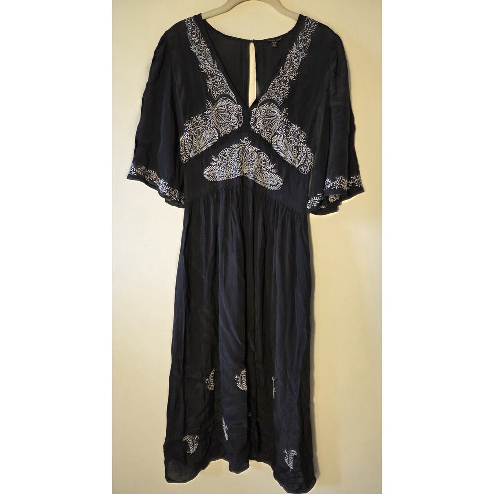 Lucky Brand Womens XS Embroidered Midi Dress Black White Boho Flutter Sleeve